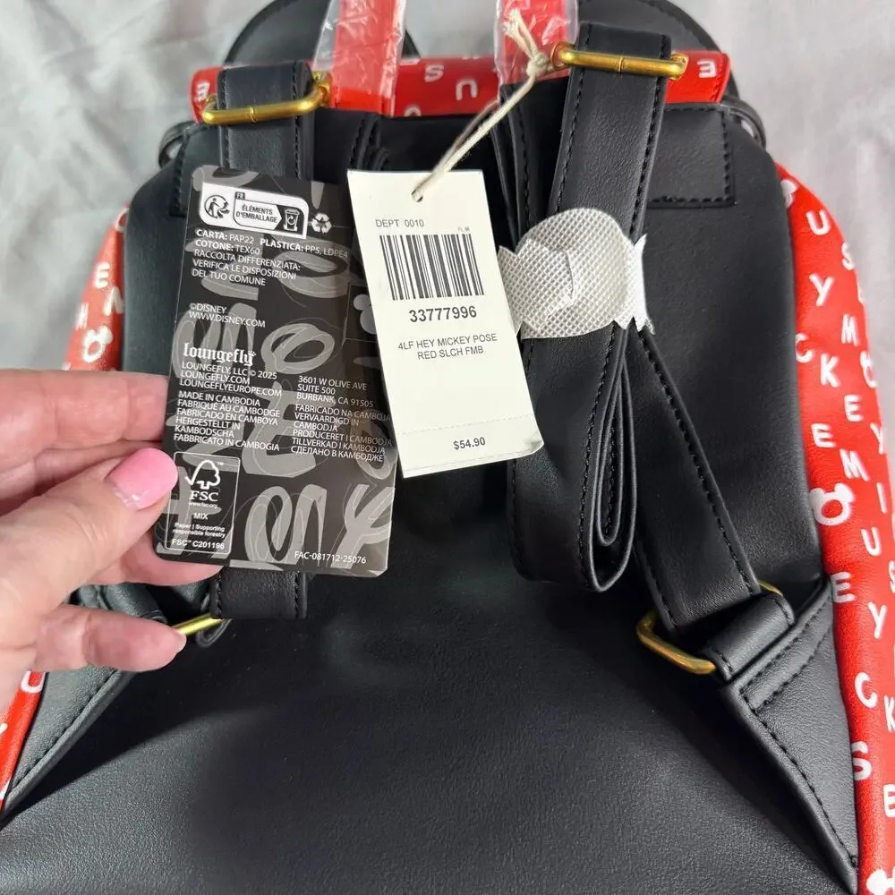 Loungefly Disney Mickey Mouse Mini Backpack Red Black Ears Logo Print NWT